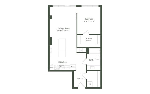 Floor plan for 1 bed, 1 bath, 777 sqft
